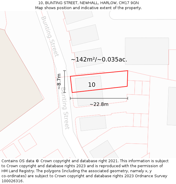 10, BUNTING STREET, NEWHALL, HARLOW, CM17 9GN: Plot and title map