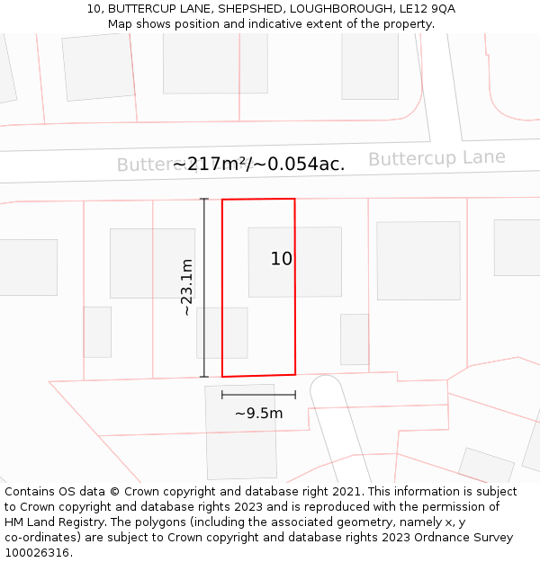 10, BUTTERCUP LANE, SHEPSHED, LOUGHBOROUGH, LE12 9QA: Plot and title map