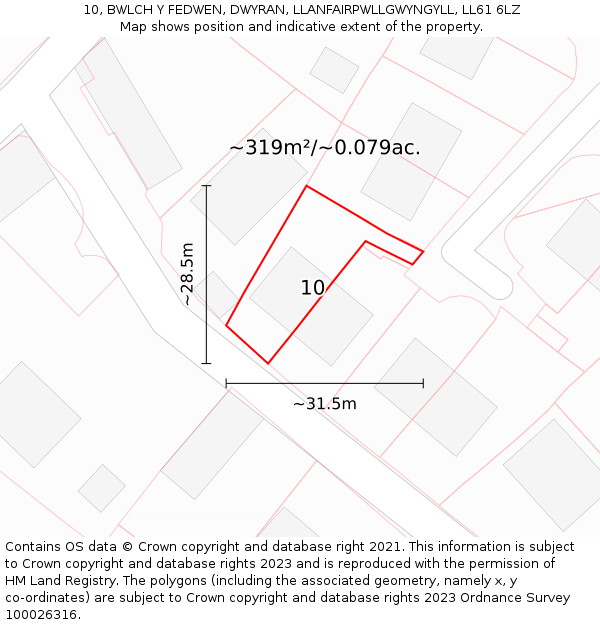 10, BWLCH Y FEDWEN, DWYRAN, LLANFAIRPWLLGWYNGYLL, LL61 6LZ: Plot and title map