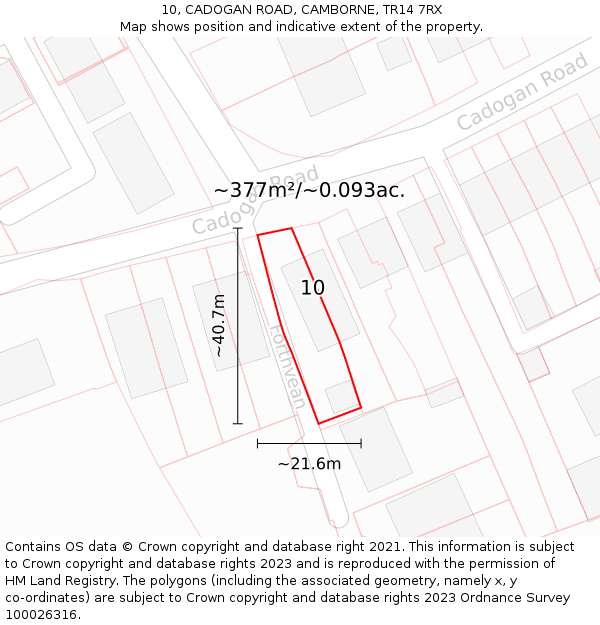 10, CADOGAN ROAD, CAMBORNE, TR14 7RX: Plot and title map