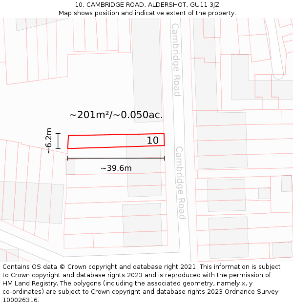 10, CAMBRIDGE ROAD, ALDERSHOT, GU11 3JZ: Plot and title map