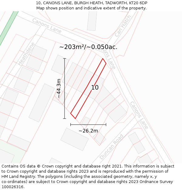 10, CANONS LANE, BURGH HEATH, TADWORTH, KT20 6DP: Plot and title map