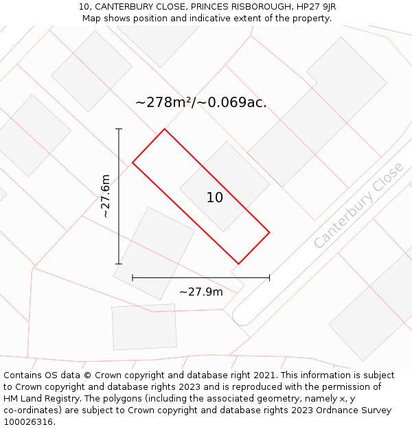 10, CANTERBURY CLOSE, PRINCES RISBOROUGH, HP27 9JR: Plot and title map