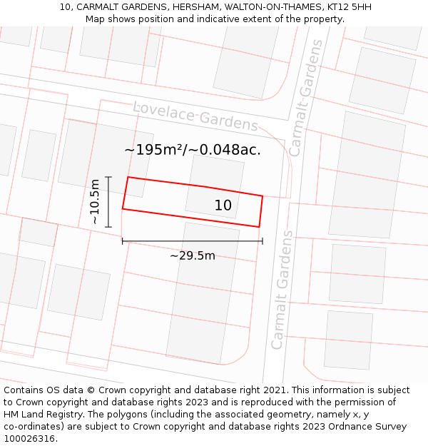 10, CARMALT GARDENS, HERSHAM, WALTON-ON-THAMES, KT12 5HH: Plot and title map
