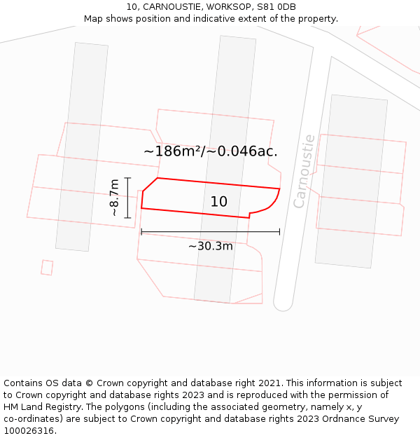 10, CARNOUSTIE, WORKSOP, S81 0DB: Plot and title map