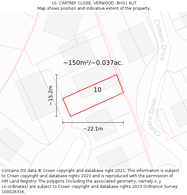 10, CARTREF CLOSE, VERWOOD, BH31 6UT: Plot and title map