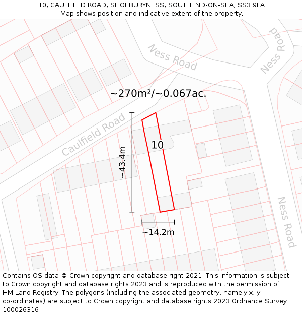 10, CAULFIELD ROAD, SHOEBURYNESS, SOUTHEND-ON-SEA, SS3 9LA: Plot and title map