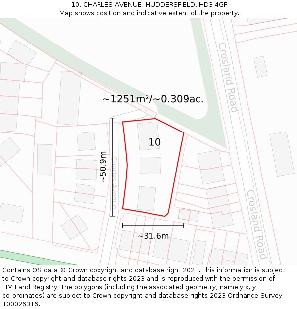 10, CHARLES AVENUE, HUDDERSFIELD, HD3 4GF: Plot and title map