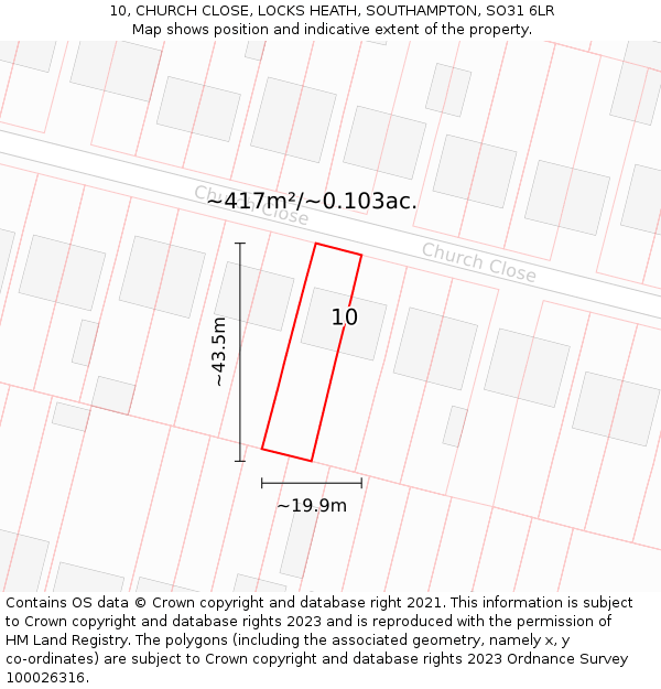 10, CHURCH CLOSE, LOCKS HEATH, SOUTHAMPTON, SO31 6LR: Plot and title map