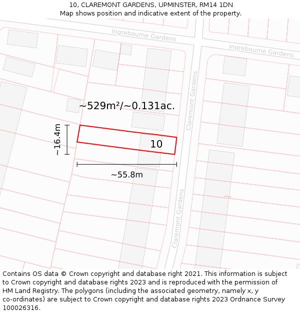 10, CLAREMONT GARDENS, UPMINSTER, RM14 1DN: Plot and title map