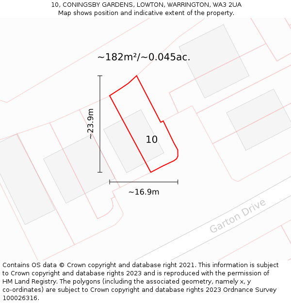 10, CONINGSBY GARDENS, LOWTON, WARRINGTON, WA3 2UA: Plot and title map