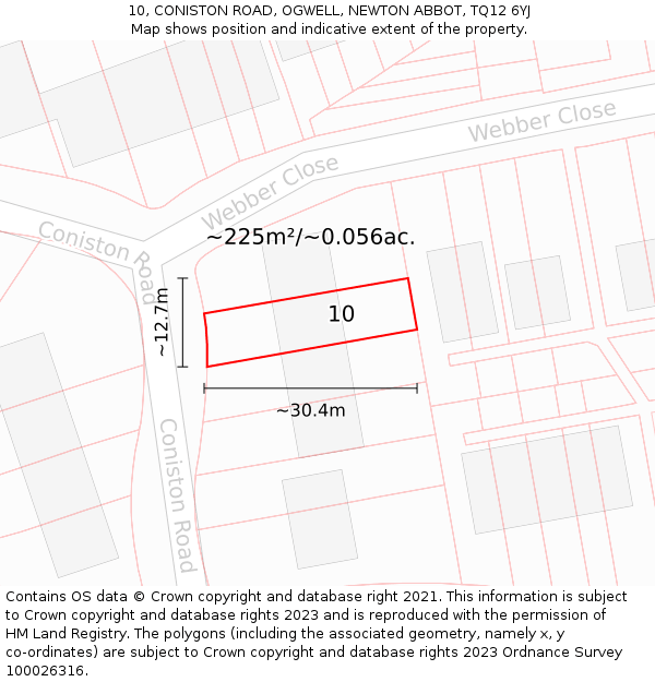 10, CONISTON ROAD, OGWELL, NEWTON ABBOT, TQ12 6YJ: Plot and title map