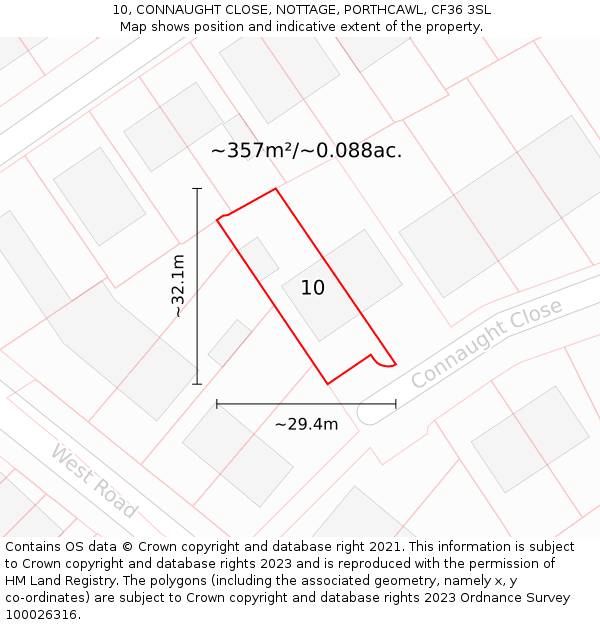 10, CONNAUGHT CLOSE, NOTTAGE, PORTHCAWL, CF36 3SL: Plot and title map