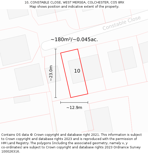 10, CONSTABLE CLOSE, WEST MERSEA, COLCHESTER, CO5 8RX: Plot and title map