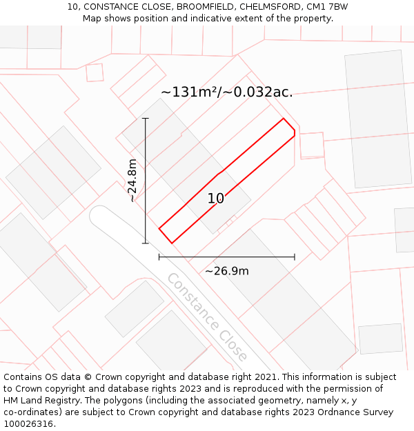 10, CONSTANCE CLOSE, BROOMFIELD, CHELMSFORD, CM1 7BW: Plot and title map