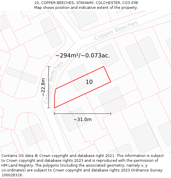 10, COPPER BEECHES, STANWAY, COLCHESTER, CO3 0YB: Plot and title map