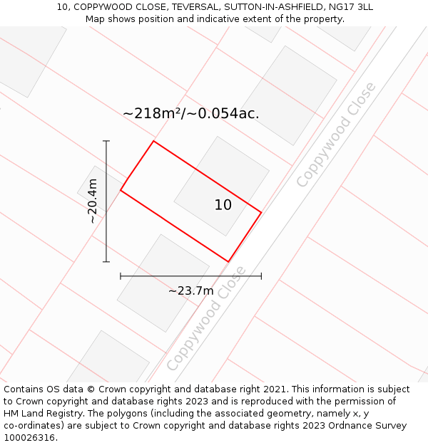 10, COPPYWOOD CLOSE, TEVERSAL, SUTTON-IN-ASHFIELD, NG17 3LL: Plot and title map