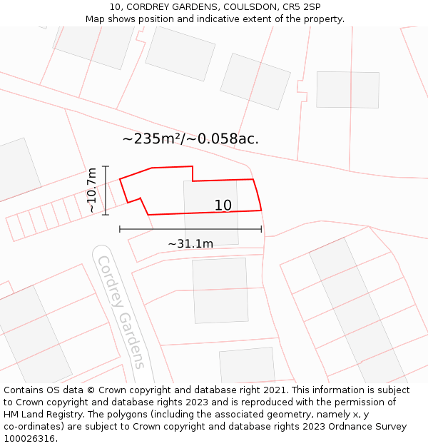 10, CORDREY GARDENS, COULSDON, CR5 2SP: Plot and title map