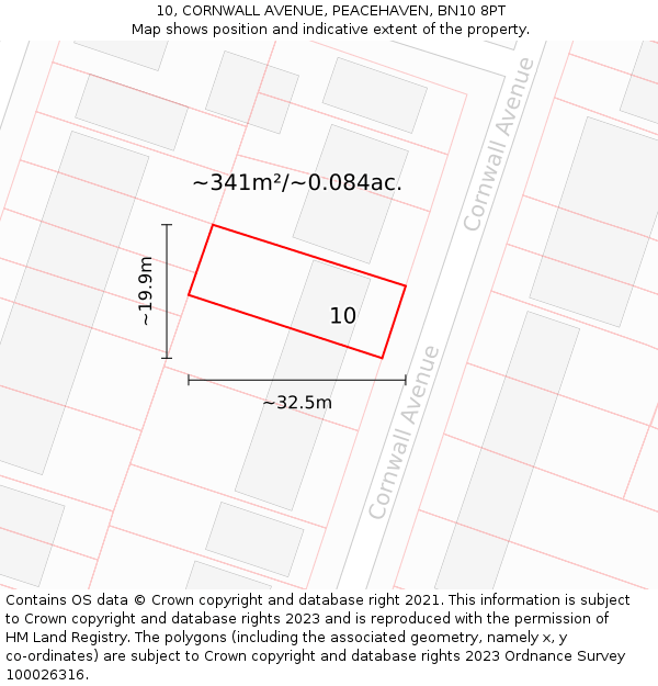 10, CORNWALL AVENUE, PEACEHAVEN, BN10 8PT: Plot and title map