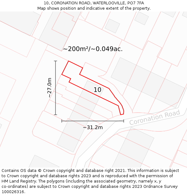 10, CORONATION ROAD, WATERLOOVILLE, PO7 7FA: Plot and title map