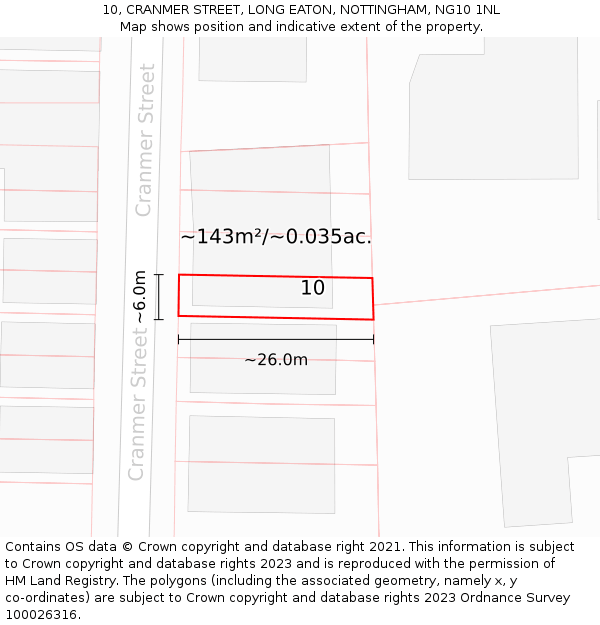 10, CRANMER STREET, LONG EATON, NOTTINGHAM, NG10 1NL: Plot and title map