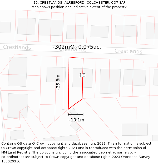 10, CRESTLANDS, ALRESFORD, COLCHESTER, CO7 8AF: Plot and title map