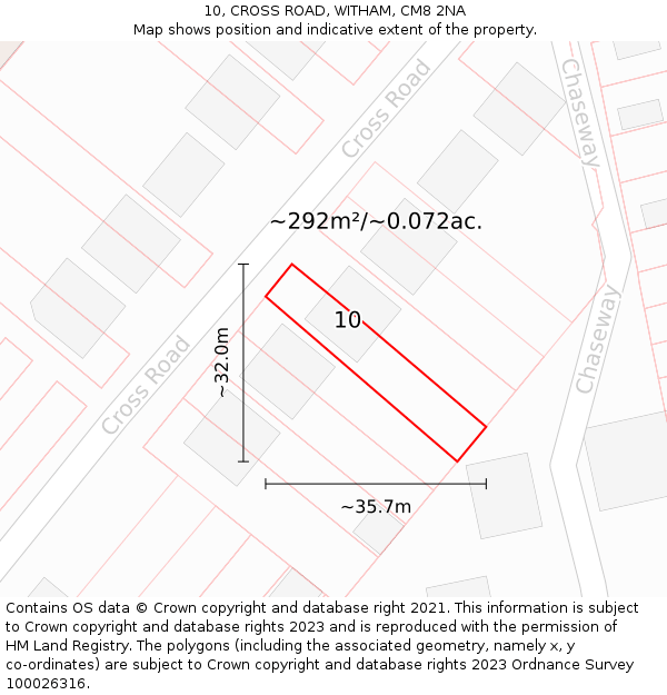 10, CROSS ROAD, WITHAM, CM8 2NA: Plot and title map