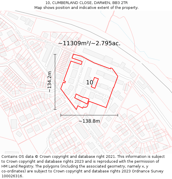 10, CUMBERLAND CLOSE, DARWEN, BB3 2TR: Plot and title map