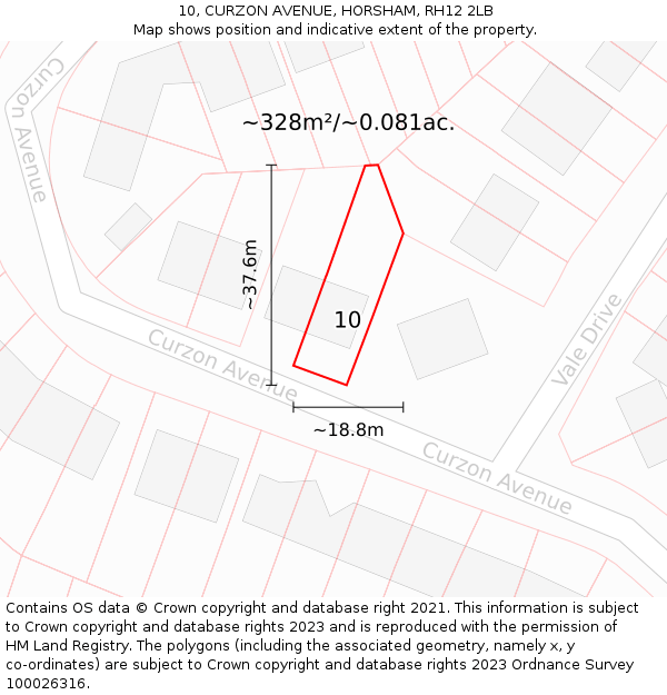 10, CURZON AVENUE, HORSHAM, RH12 2LB: Plot and title map