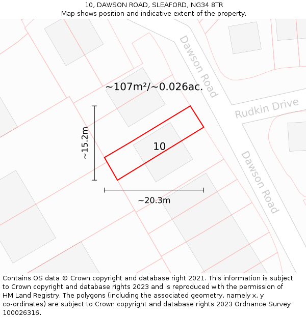 10, DAWSON ROAD, SLEAFORD, NG34 8TR: Plot and title map