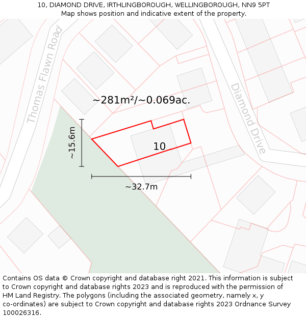 10, DIAMOND DRIVE, IRTHLINGBOROUGH, WELLINGBOROUGH, NN9 5PT: Plot and title map