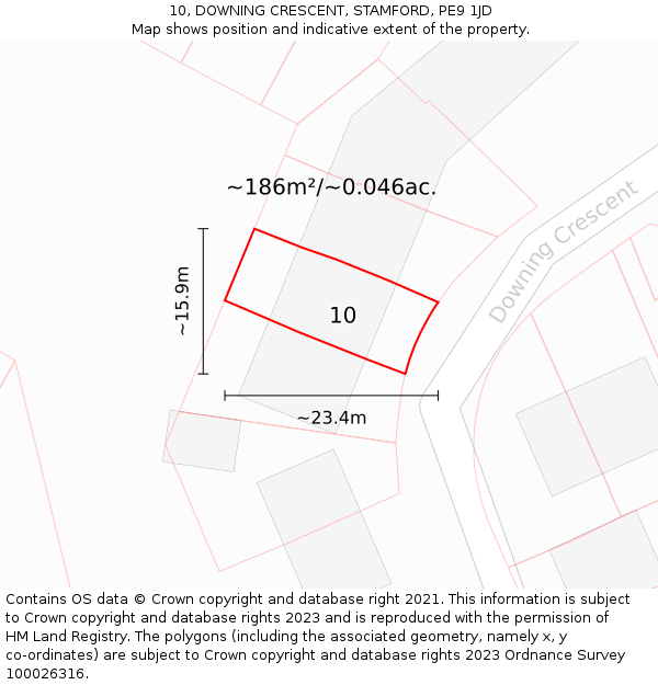 10, DOWNING CRESCENT, STAMFORD, PE9 1JD: Plot and title map