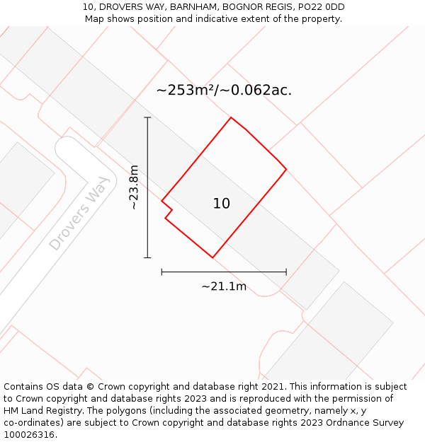 10, DROVERS WAY, BARNHAM, BOGNOR REGIS, PO22 0DD: Plot and title map