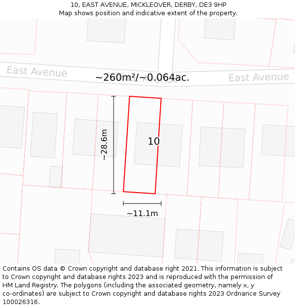 10, EAST AVENUE, MICKLEOVER, DERBY, DE3 9HP: Plot and title map