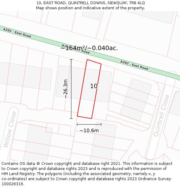 10, EAST ROAD, QUINTRELL DOWNS, NEWQUAY, TR8 4LQ: Plot and title map