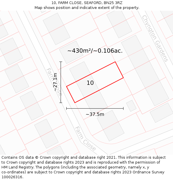 10, FARM CLOSE, SEAFORD, BN25 3RZ: Plot and title map