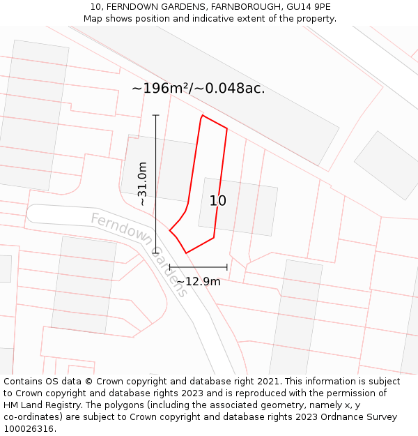 10, FERNDOWN GARDENS, FARNBOROUGH, GU14 9PE: Plot and title map