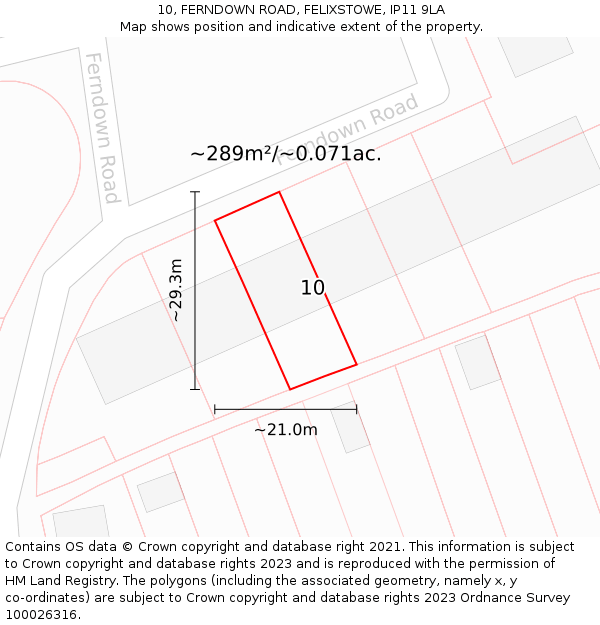 10, FERNDOWN ROAD, FELIXSTOWE, IP11 9LA: Plot and title map