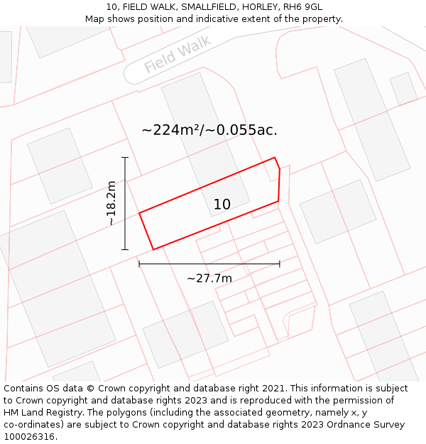 10, FIELD WALK, SMALLFIELD, HORLEY, RH6 9GL: Plot and title map