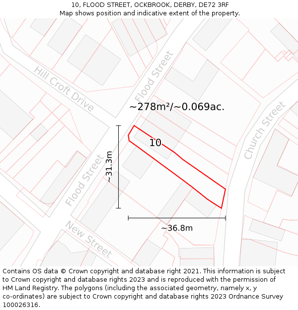 10, FLOOD STREET, OCKBROOK, DERBY, DE72 3RF: Plot and title map