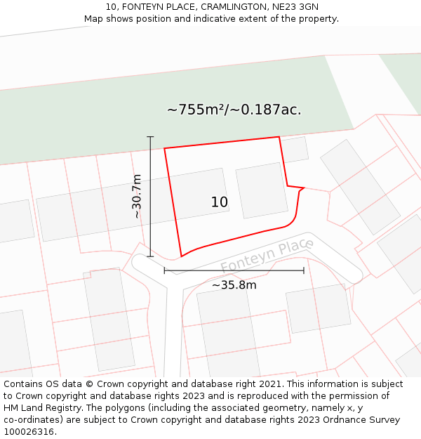 10, FONTEYN PLACE, CRAMLINGTON, NE23 3GN: Plot and title map