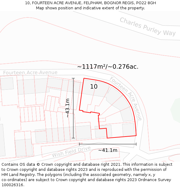 10, FOURTEEN ACRE AVENUE, FELPHAM, BOGNOR REGIS, PO22 8GH: Plot and title map