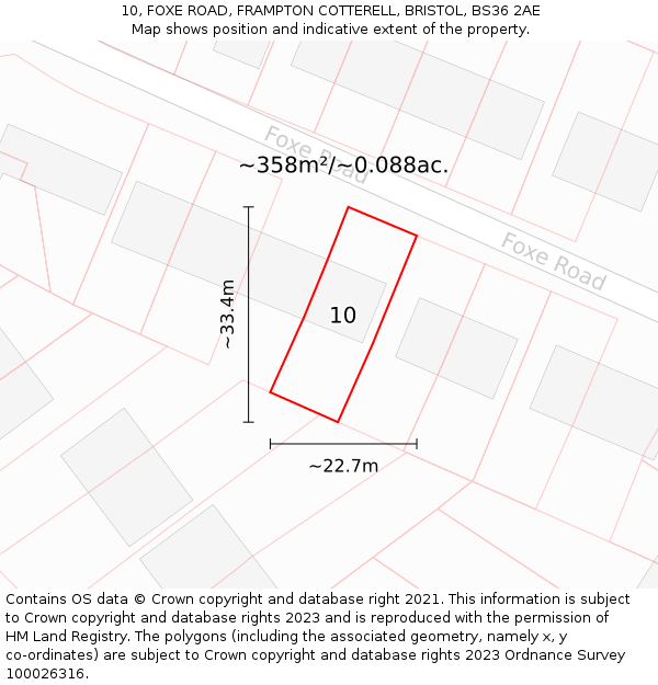 10, FOXE ROAD, FRAMPTON COTTERELL, BRISTOL, BS36 2AE: Plot and title map