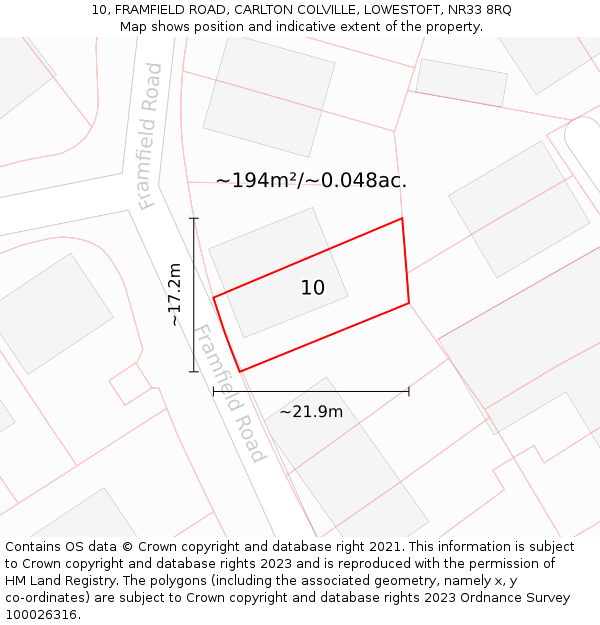 10, FRAMFIELD ROAD, CARLTON COLVILLE, LOWESTOFT, NR33 8RQ: Plot and title map