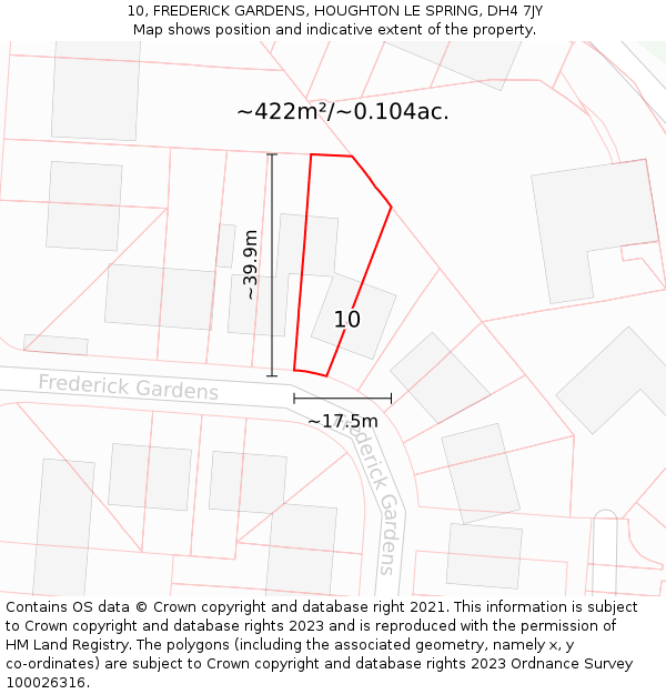 10, FREDERICK GARDENS, HOUGHTON LE SPRING, DH4 7JY: Plot and title map