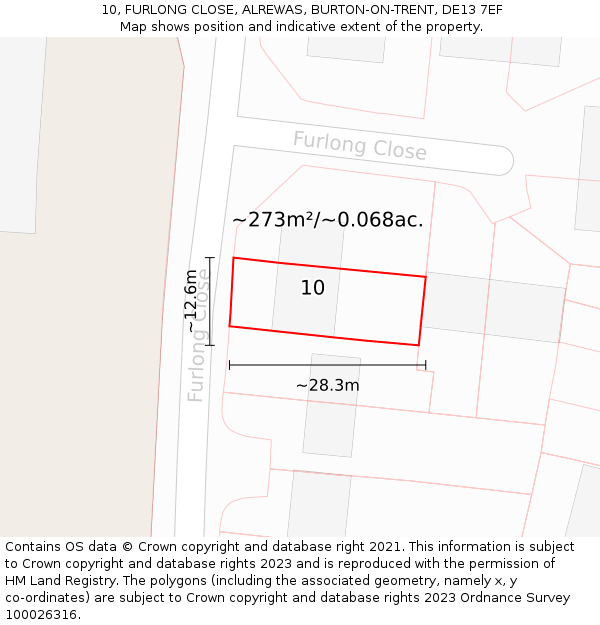 10, FURLONG CLOSE, ALREWAS, BURTON-ON-TRENT, DE13 7EF: Plot and title map