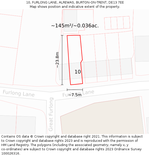 10, FURLONG LANE, ALREWAS, BURTON-ON-TRENT, DE13 7EE: Plot and title map