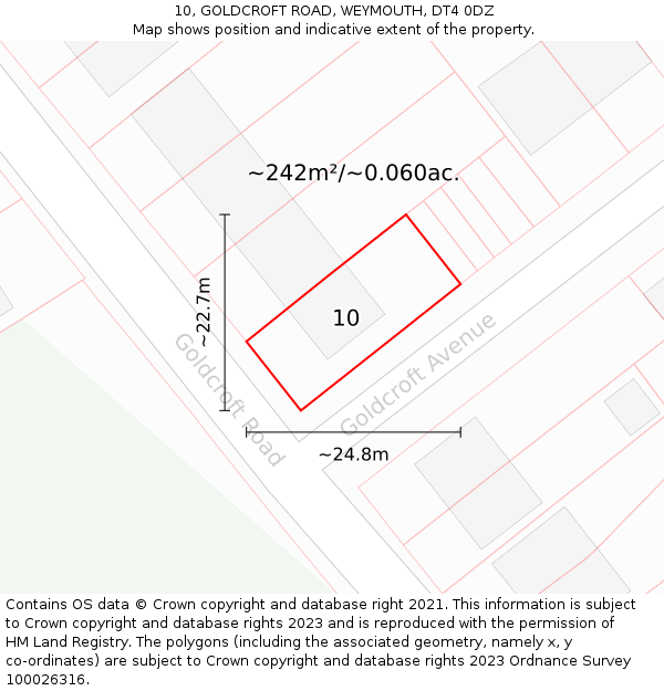 10, GOLDCROFT ROAD, WEYMOUTH, DT4 0DZ: Plot and title map