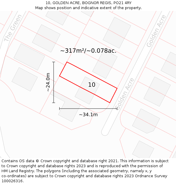 10, GOLDEN ACRE, BOGNOR REGIS, PO21 4RY: Plot and title map