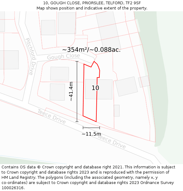 10, GOUGH CLOSE, PRIORSLEE, TELFORD, TF2 9SF: Plot and title map